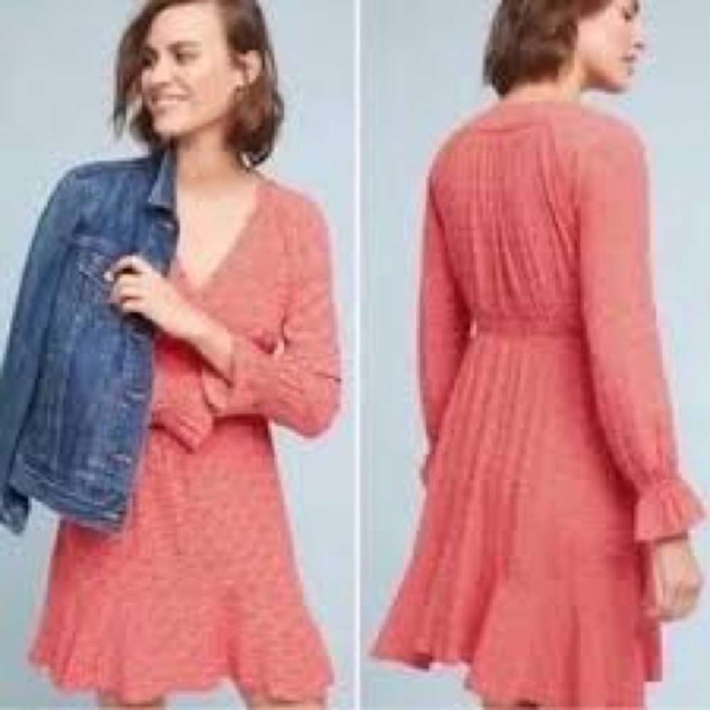 Maeve Coral Long-Sleeve V-Neck Ruffle-Cuff Dress 672